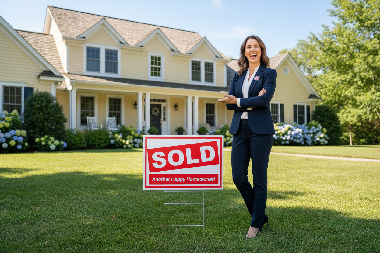 happy realtor by sold sign
